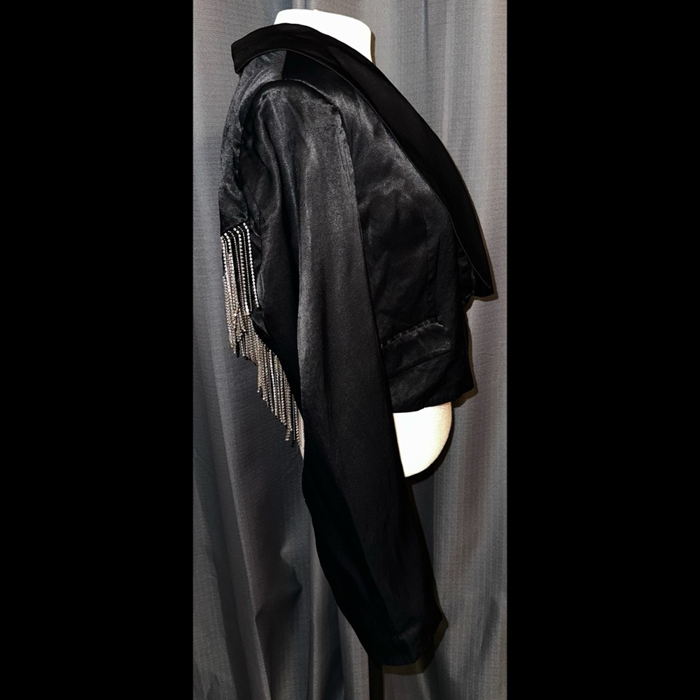 Free People ‘Deena’ Cropped Blazer Rhinestone Fringe Black Satin Blazer M EUC - Picture 5 of 10